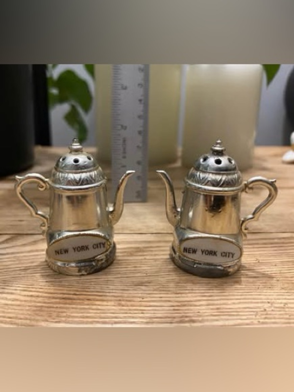 Vintage New York City Silver Tone Teapot Salt & Pepper Shakers Made in Japan